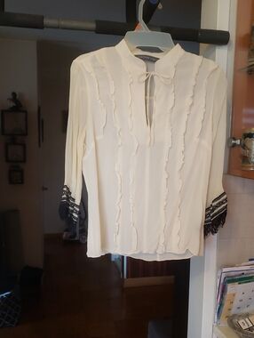 Josephine Chaus Cream Ruffle Tie-Neck Blouse with Black Lace Trim